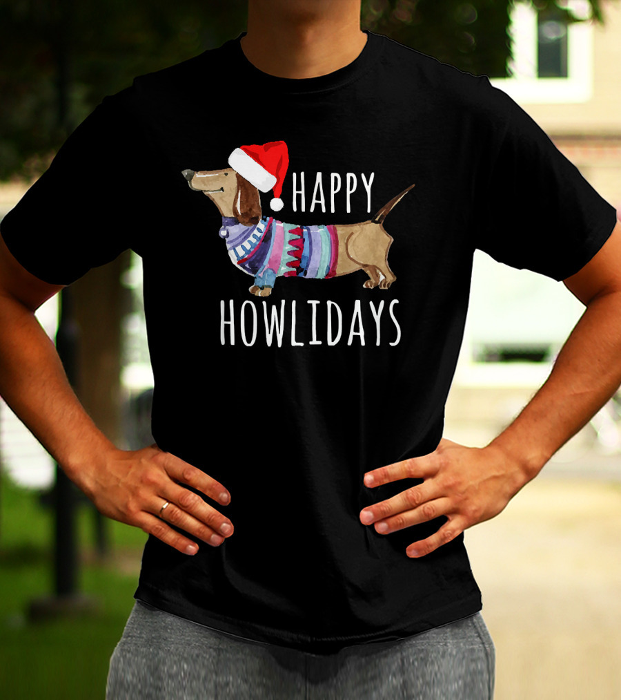 Happy Howlidays Christmas Dog Dachshund Wearing Santa Hat T-Shirt