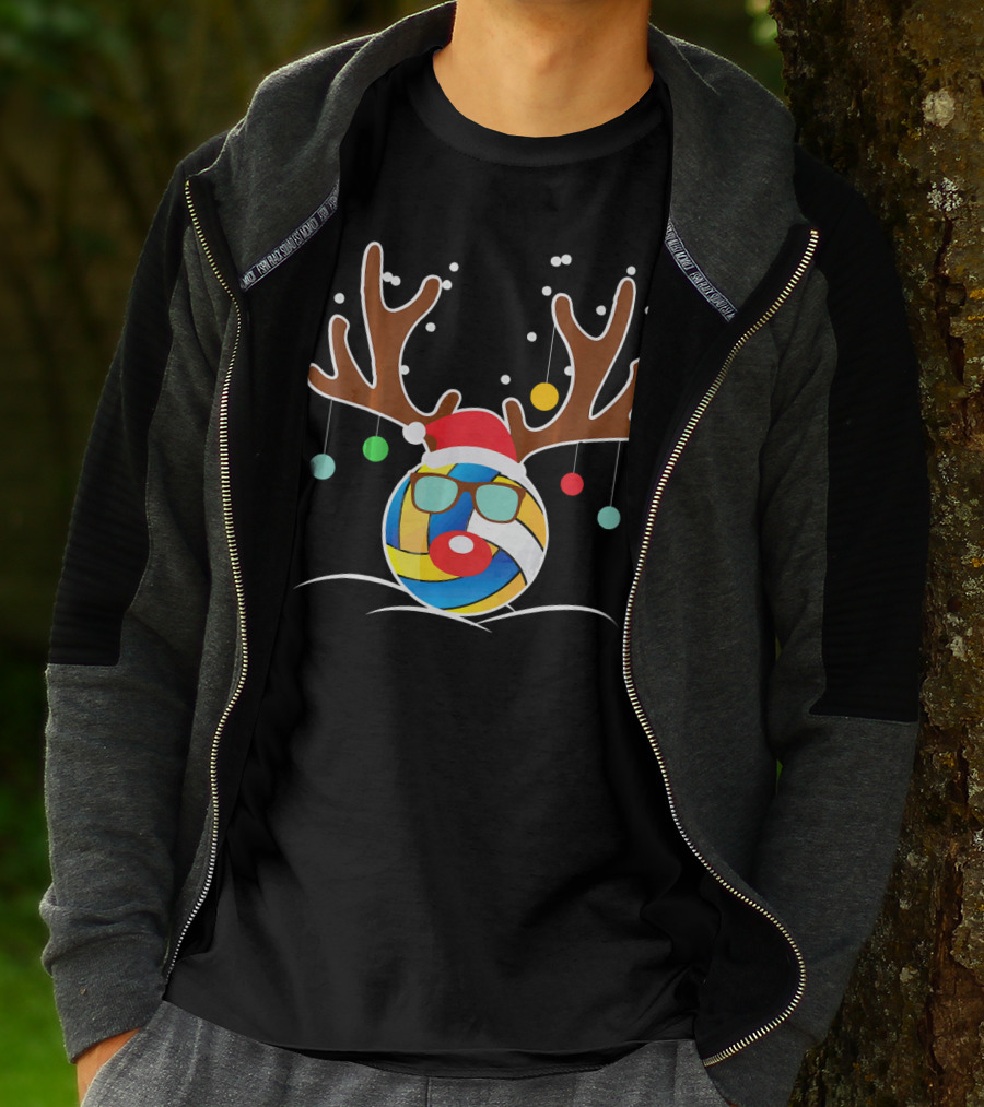 Volleyball Christmas Funny Reindeer Santa Hat Antlers Sunglasses Holiday Ornaments T-Shirt