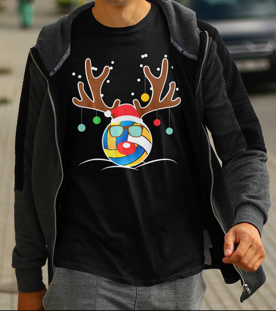 Volleyball Christmas Funny Reindeer Santa Hat Antlers Sunglasses Holiday Ornaments T-Shirt
