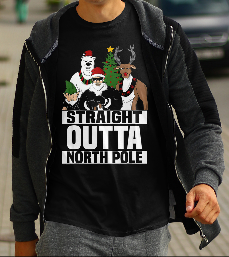 Straight Outta North Pole Christmas Characters Polar Bear Elf Reindeer T-Shirt