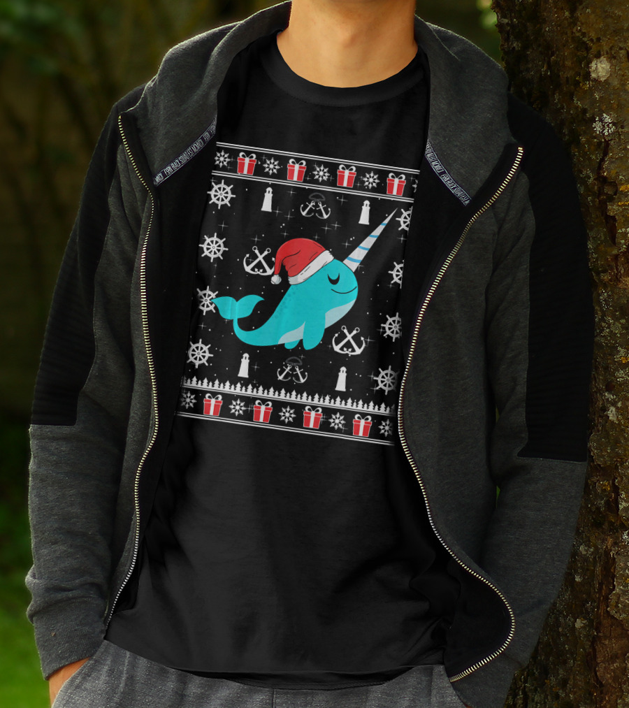 Narwhals Christmas Style With Santa Hat Anchors And Snowflakes T-Shirt