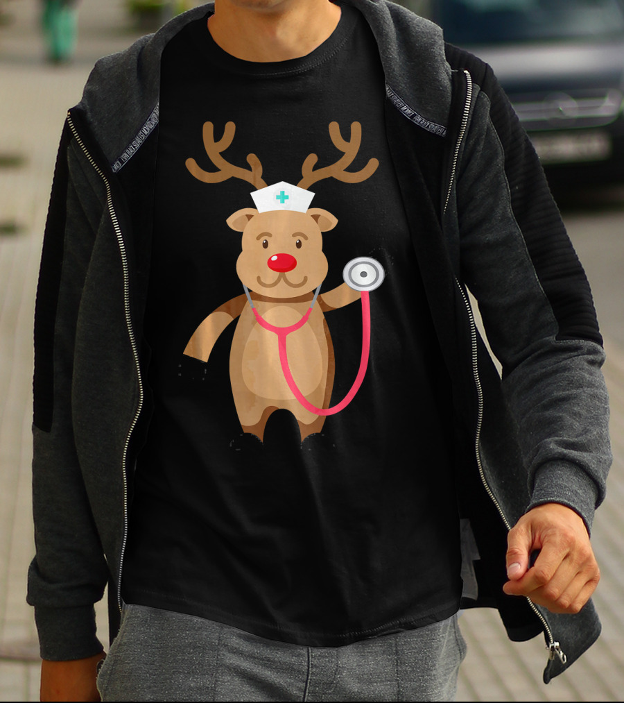 Nurse Reindeer With Stethoscope And Hat T-Shirt