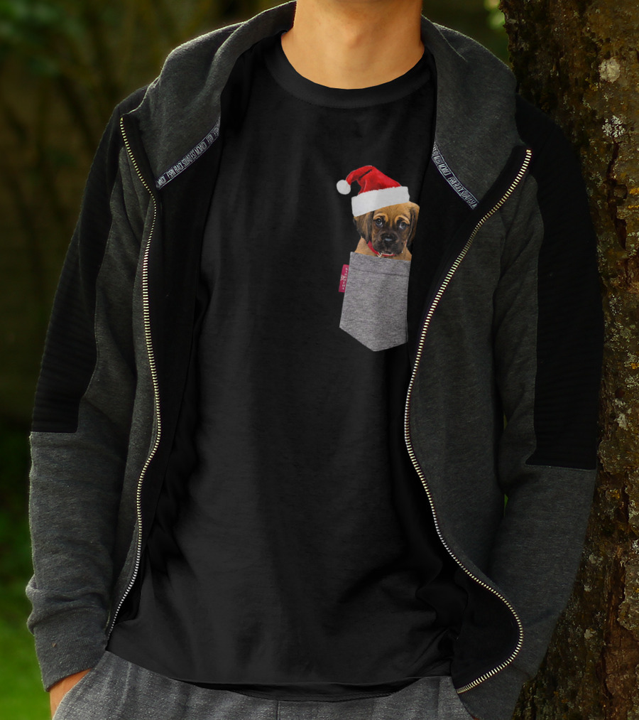 Puggle Puppy With Santa Hat In Gray Pocket Cute Beagle Pug T-Shirt