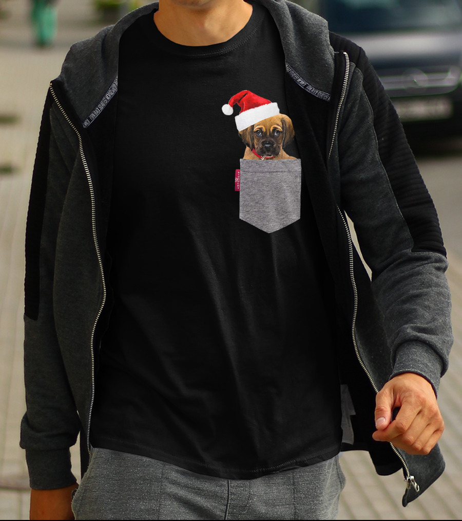 Puggle Puppy With Santa Hat In Gray Pocket Cute Beagle Pug T-Shirt