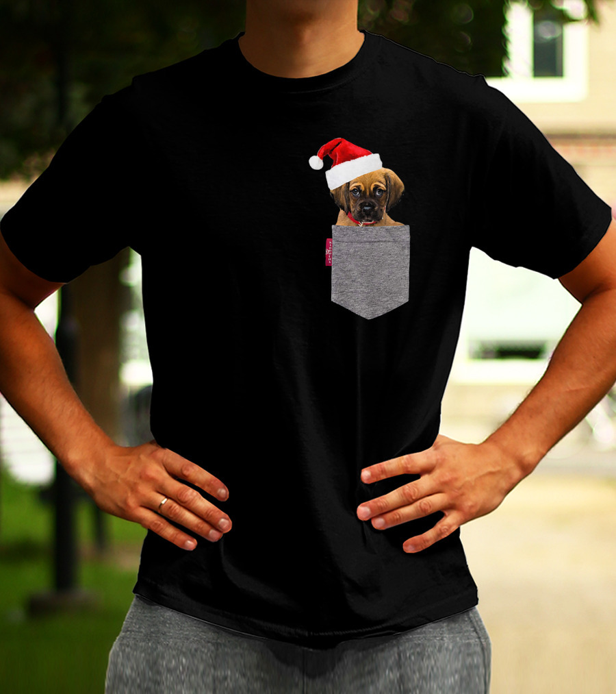 Puggle Puppy With Santa Hat In Gray Pocket Cute Beagle Pug T-Shirt