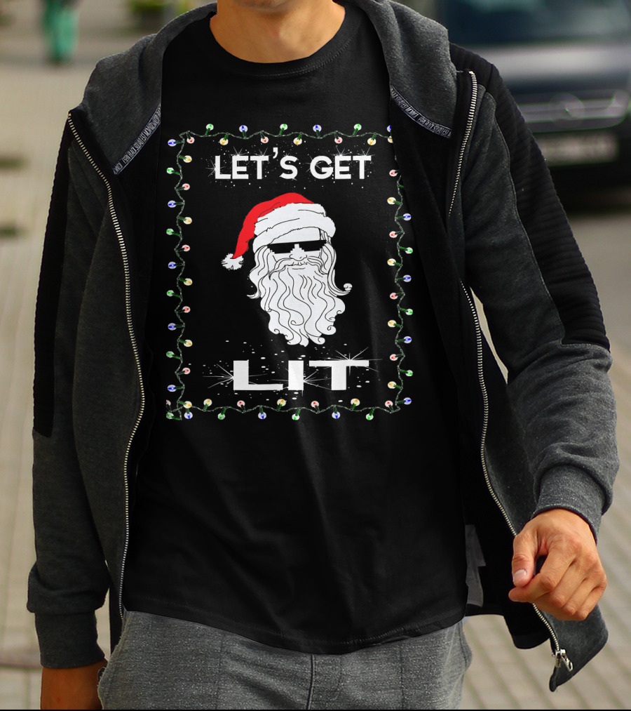 LET'S GET LIT Funny Christmas Santa With Shades Holiday Party T-Shirt