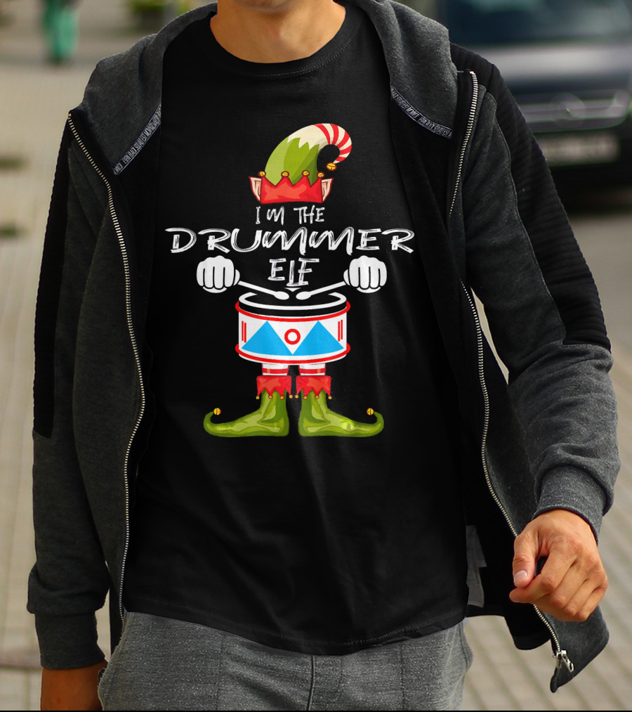I'M THE DRUMMER ELF Christmas Hat Striped Candy Cane Elf Boots Drumsticks T-Shirt