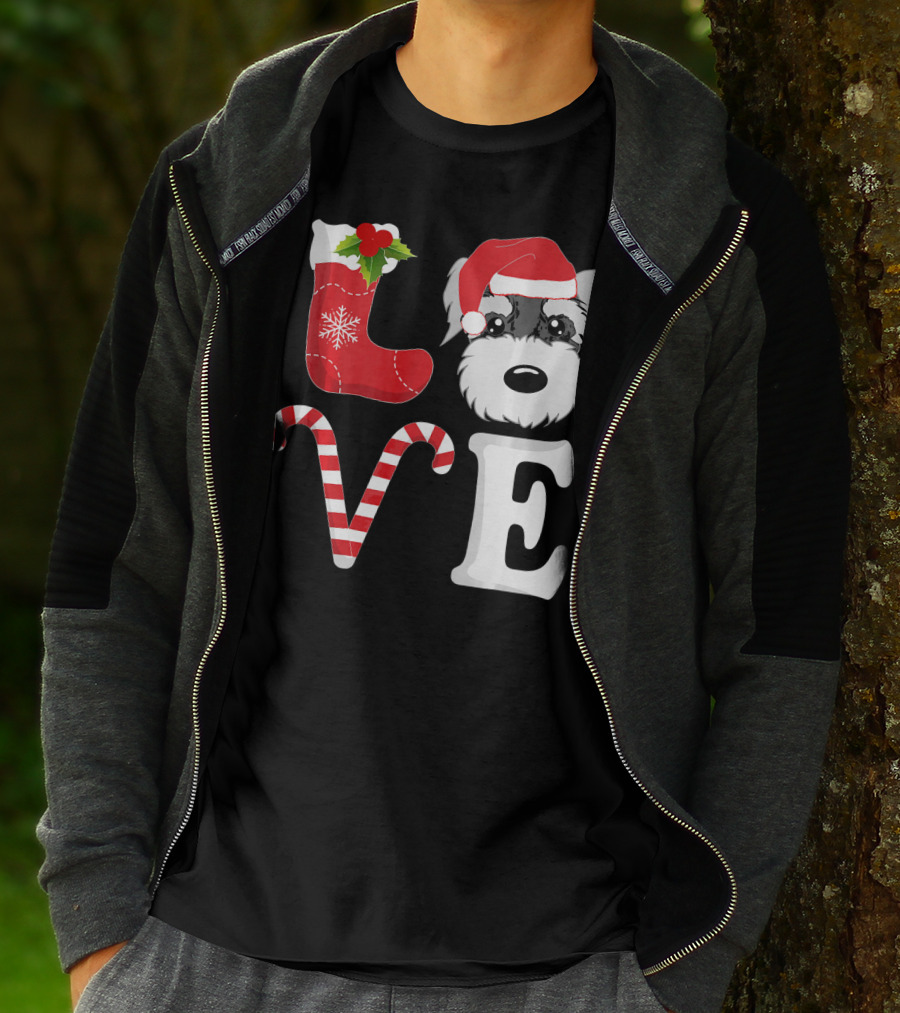 LOVE Miniature Schnauzer Santa Christmas Candy Cane T-Shirt