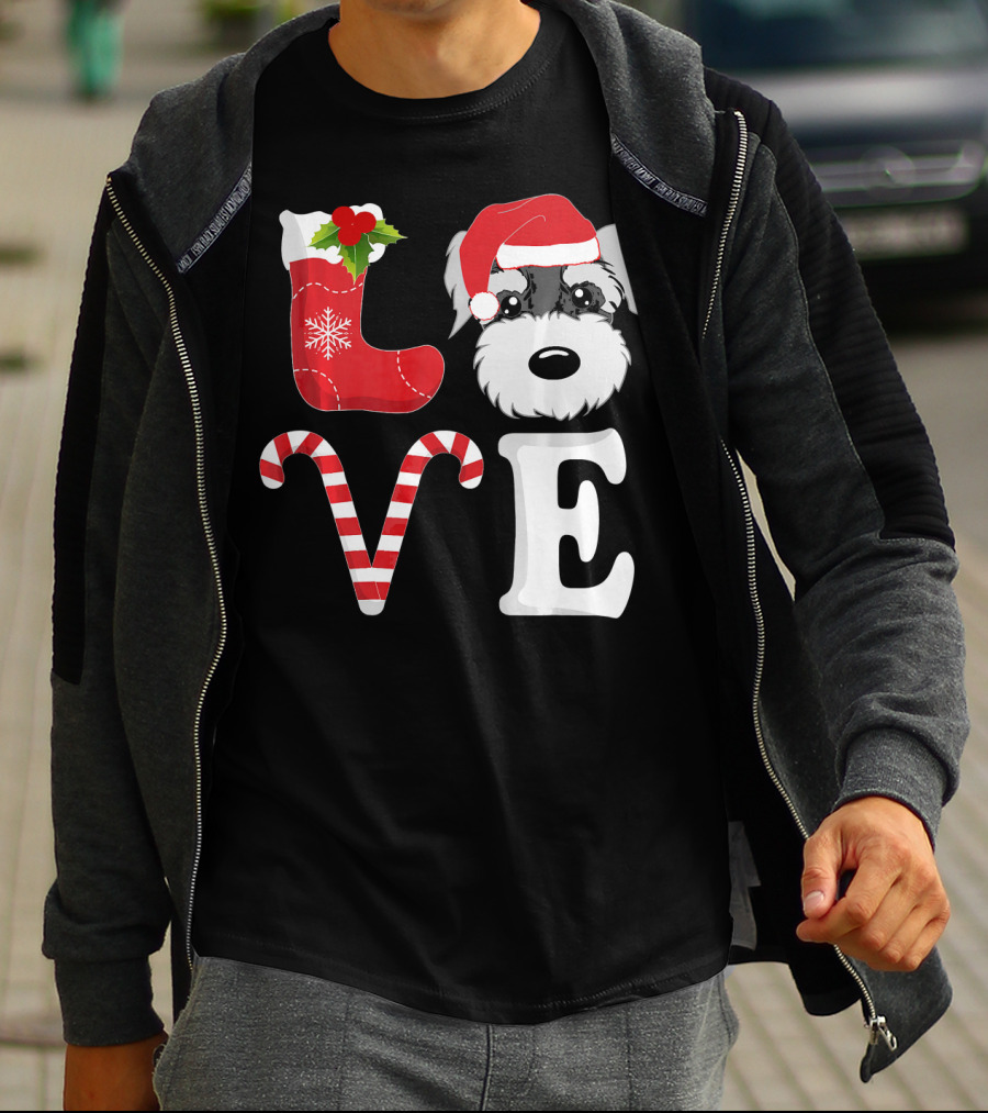 LOVE Miniature Schnauzer Santa Christmas Candy Cane T-Shirt