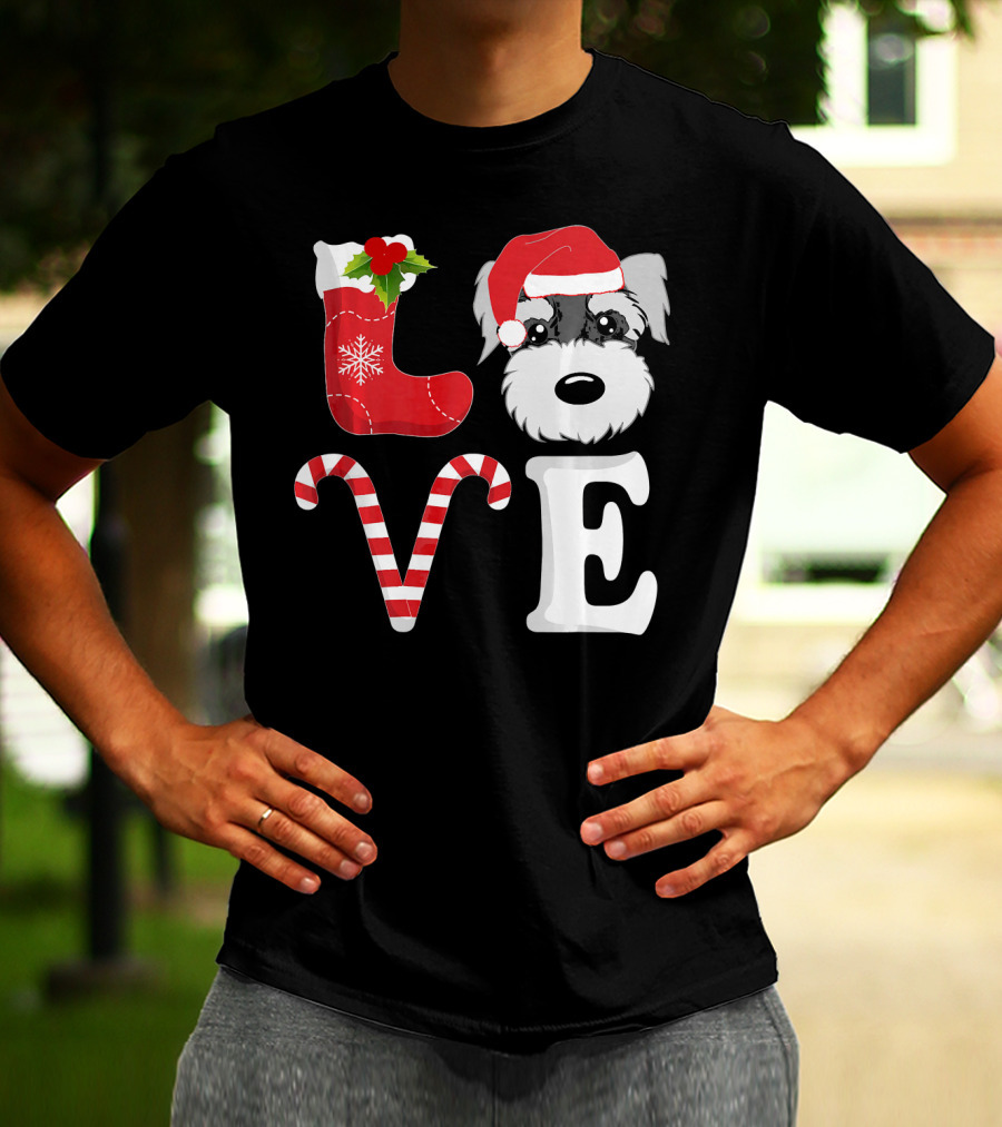 LOVE Miniature Schnauzer Santa Christmas Candy Cane T-Shirt
