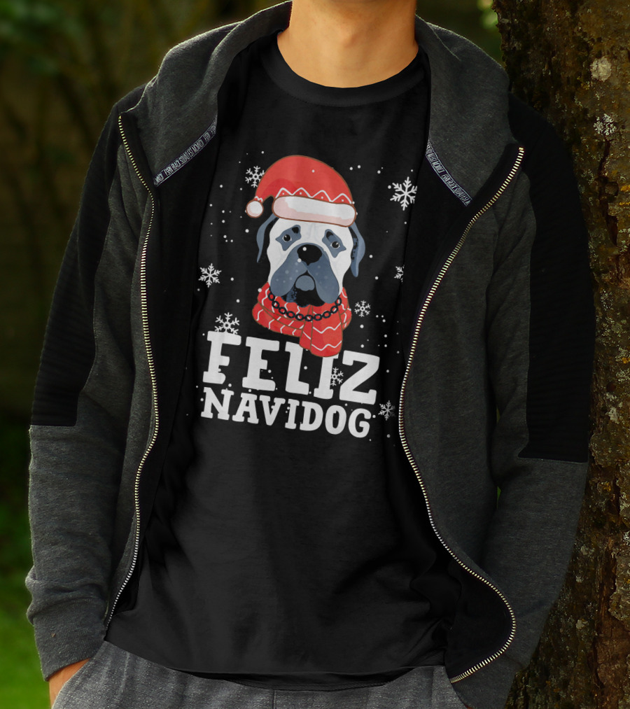 Feliz Navidog Bullmastiff Dog Christmas Santa Hat Snowflakes T-Shirt