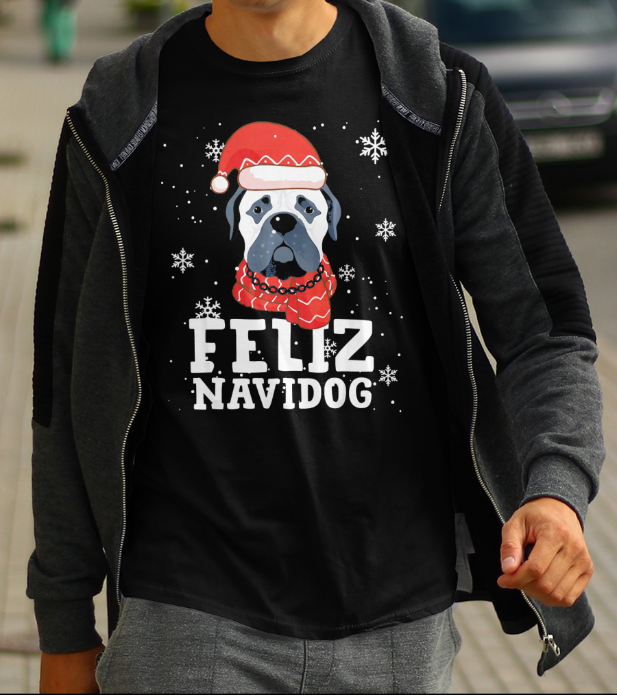 Feliz Navidog Bullmastiff Dog Christmas Santa Hat Snowflakes T-Shirt
