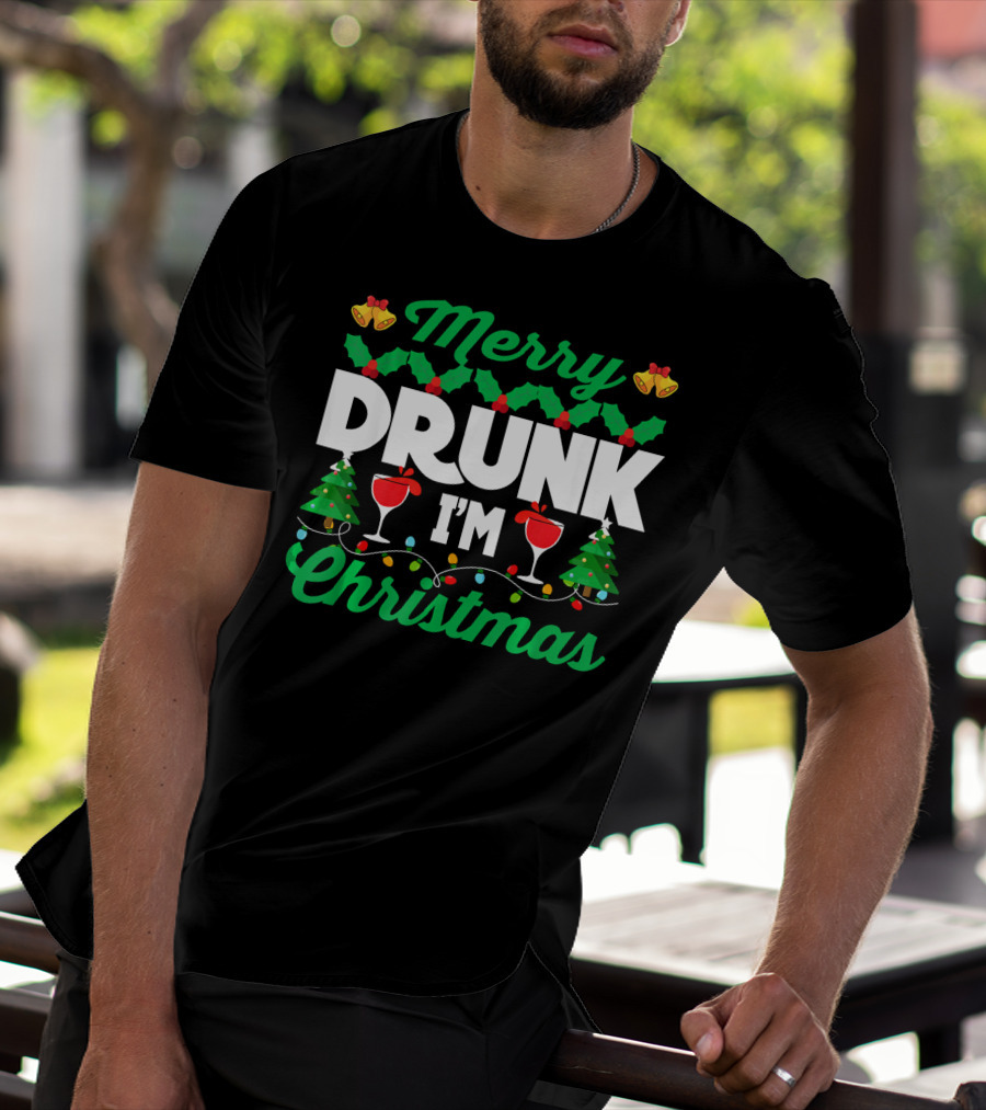 Merry Drunk I'm Christmas Wine Bells Lights Trees T-Shirt