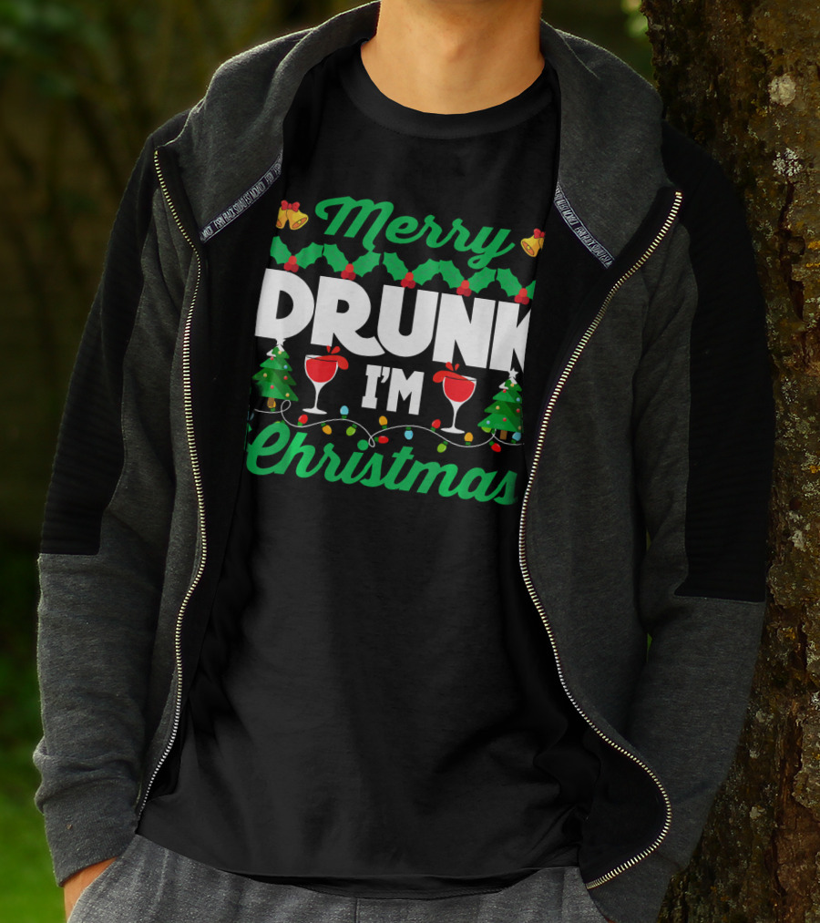 Merry Drunk I'm Christmas Wine Bells Lights Trees T-Shirt
