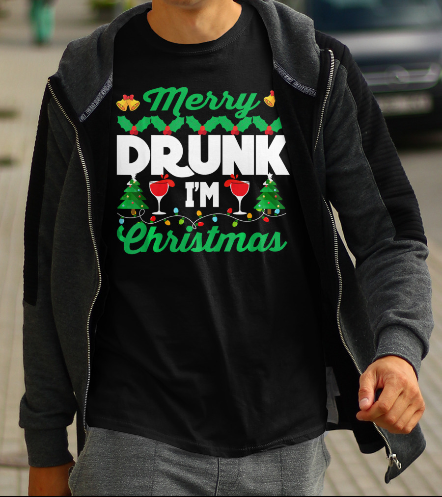 Merry Drunk I'm Christmas Wine Bells Lights Trees T-Shirt