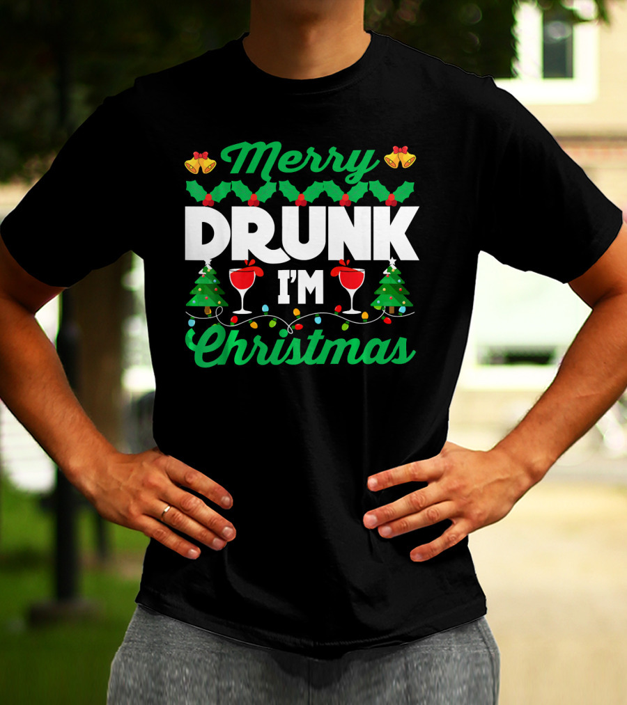Merry Drunk I'm Christmas Wine Bells Lights Trees T-Shirt