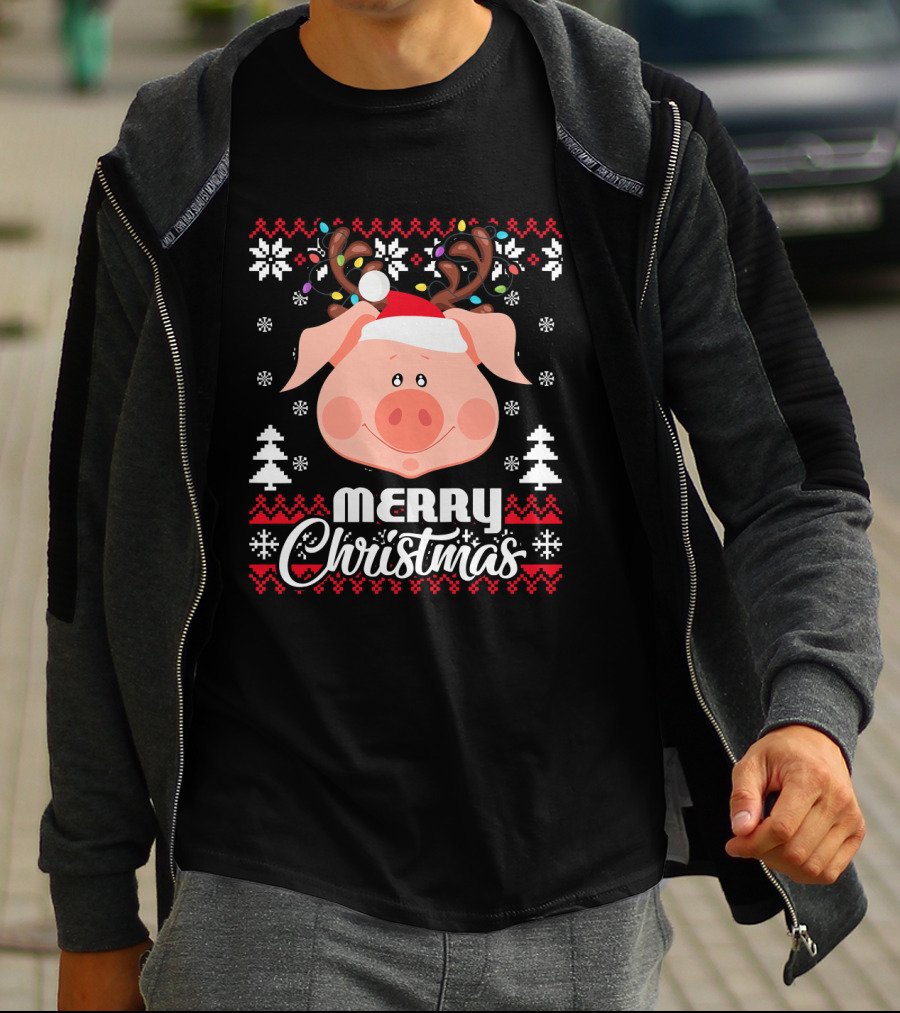 Merry Christmas Pig Santa Hat Antler Ugly T-Shirt