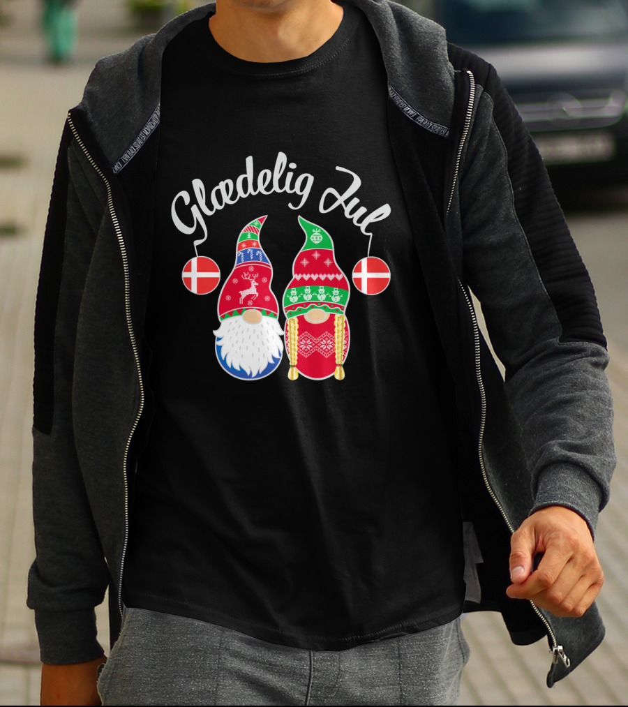 Glaedelig Jul Danish Merry Christmas With Festive Gnomes And Flags T-Shirt