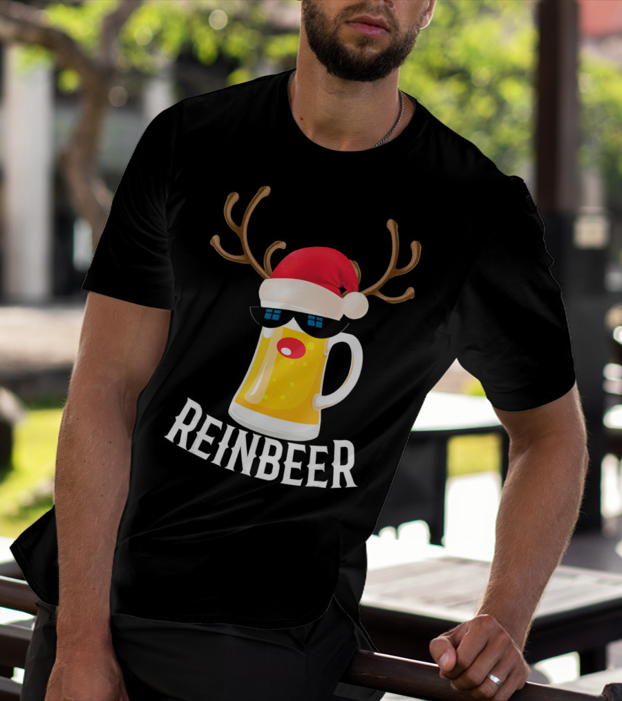 Reindeer Beer Christmas Funny Drinking Reinbeer Santa Hat T-Shirt
