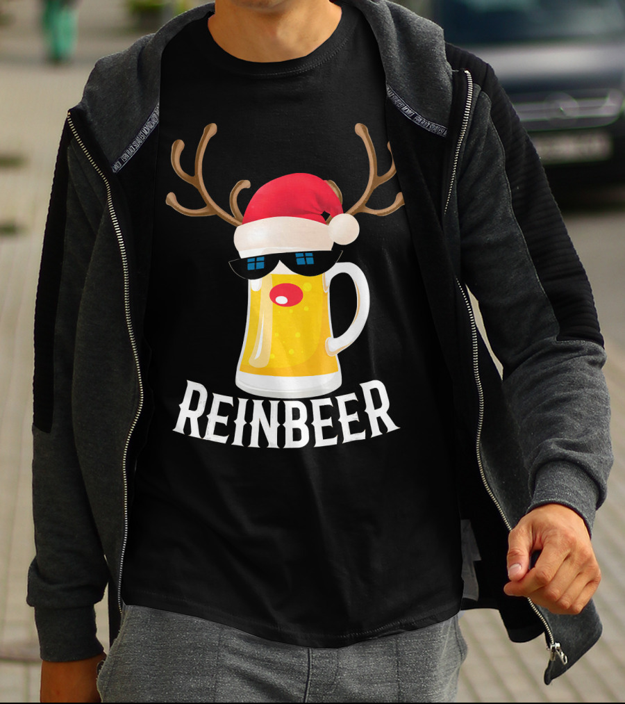 Reindeer Beer Christmas Funny Drinking Reinbeer Santa Hat T-Shirt