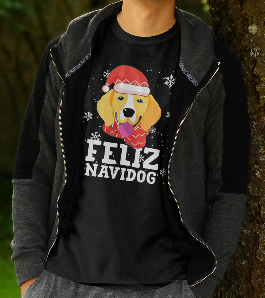 Feliz Navidog Beagle Dog Funny Christmas Snowflakes Santa Hat T-Shirt