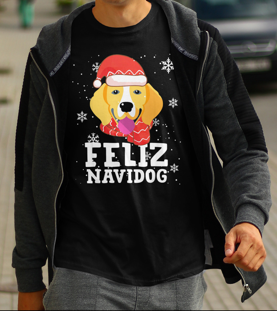 Feliz Navidog Beagle Dog Funny Christmas Snowflakes Santa Hat T-Shirt