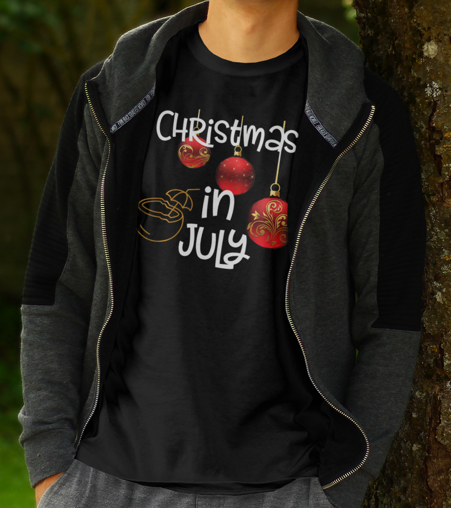 Christmas In July Red Ornaments And Tropical Drink T-Shirt