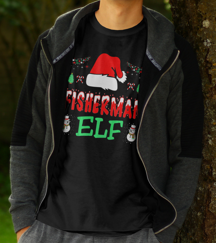 Fisherman Elf Christmas Snowman Santa Hat Candy Cane T-Shirt