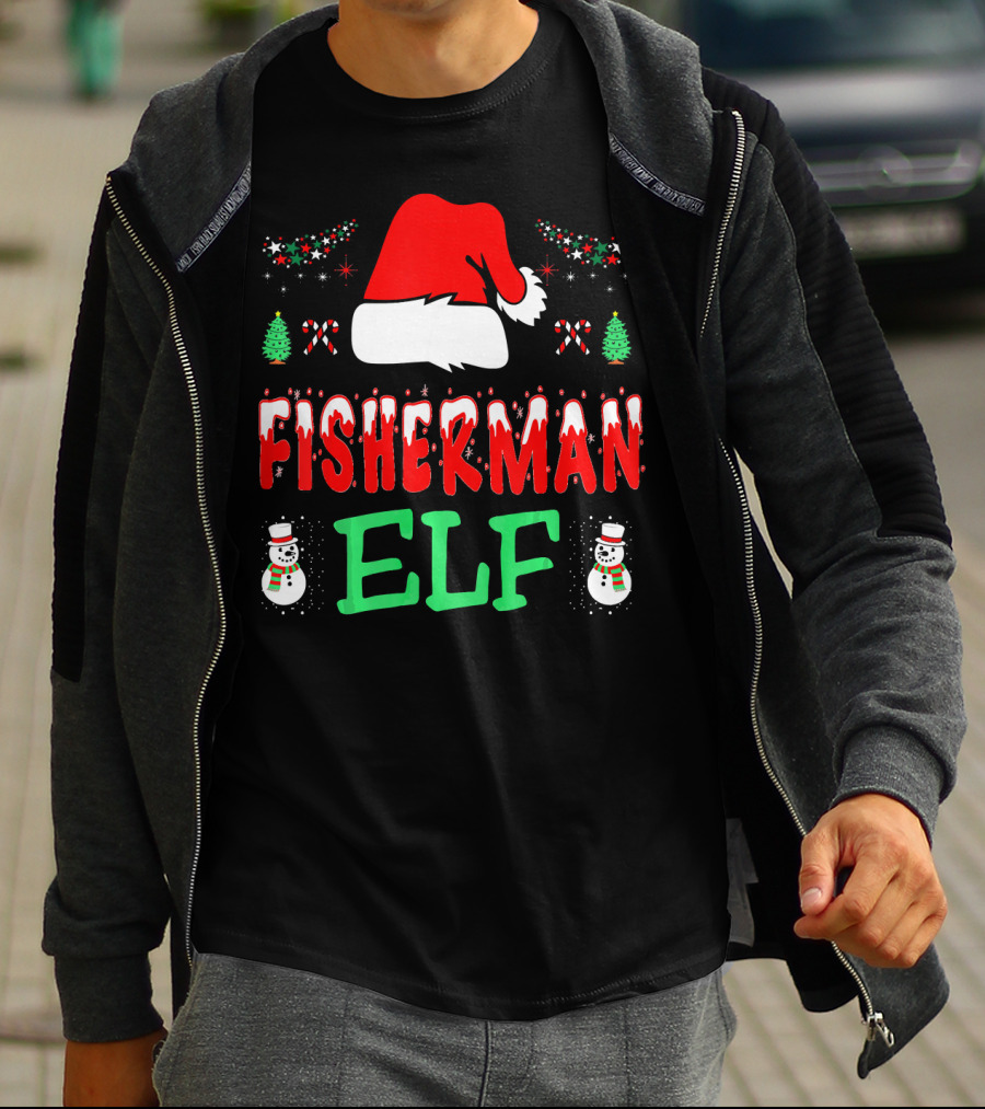 Fisherman Elf Christmas Snowman Santa Hat Candy Cane T-Shirt