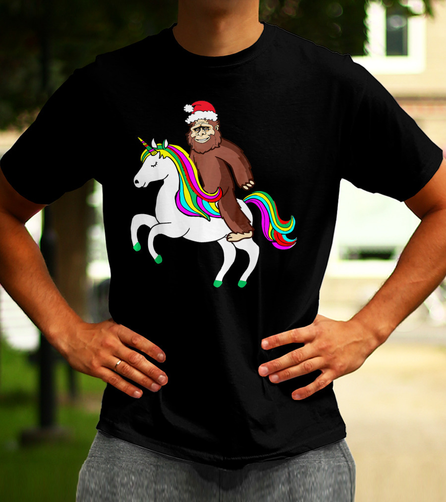 Bigfool Riding Unicorn With Santa Hat Rainbow Mane T-Shirt