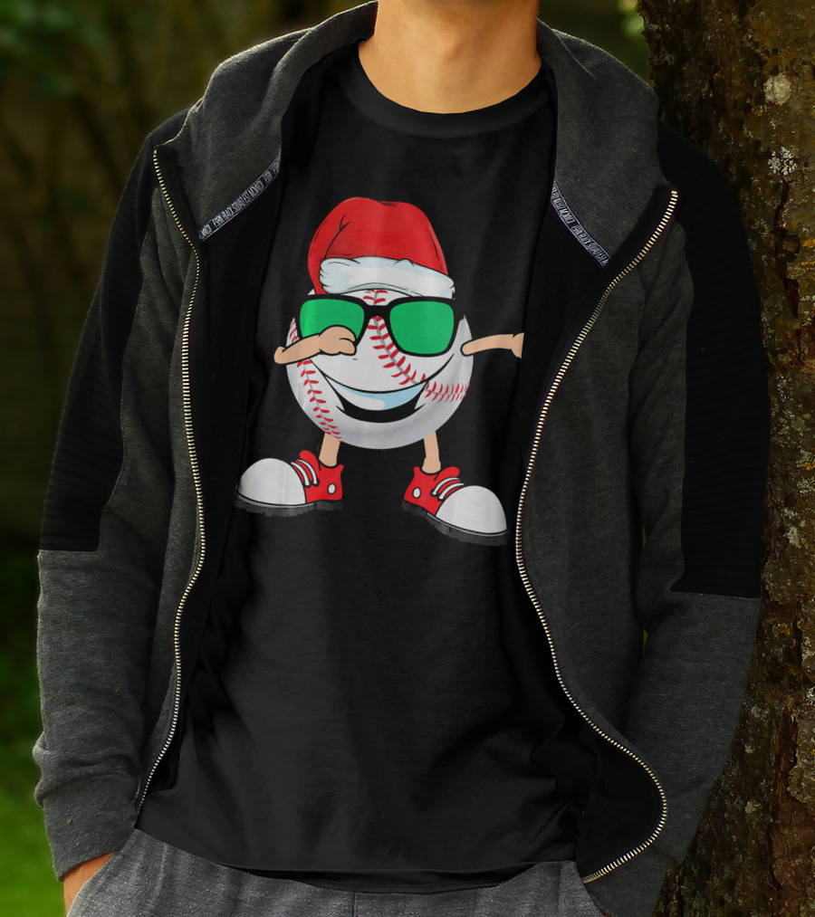 Dabbing Baseball With Santa Hat And Sunglasses T-Shirt