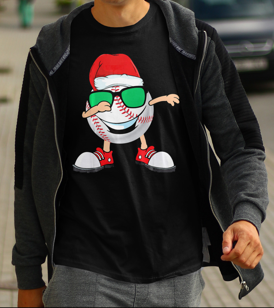 Dabbing Baseball With Santa Hat And Sunglasses T-Shirt