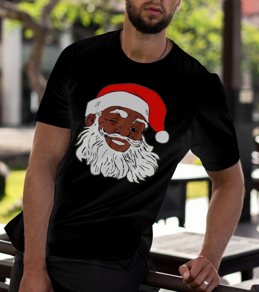 Black Santa Claus Winking In Red Hat T-Shirt