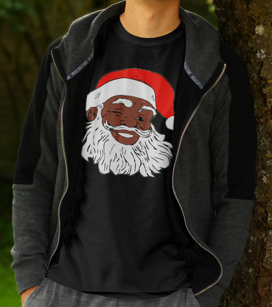 Black Santa Claus Winking In Red Hat T-Shirt