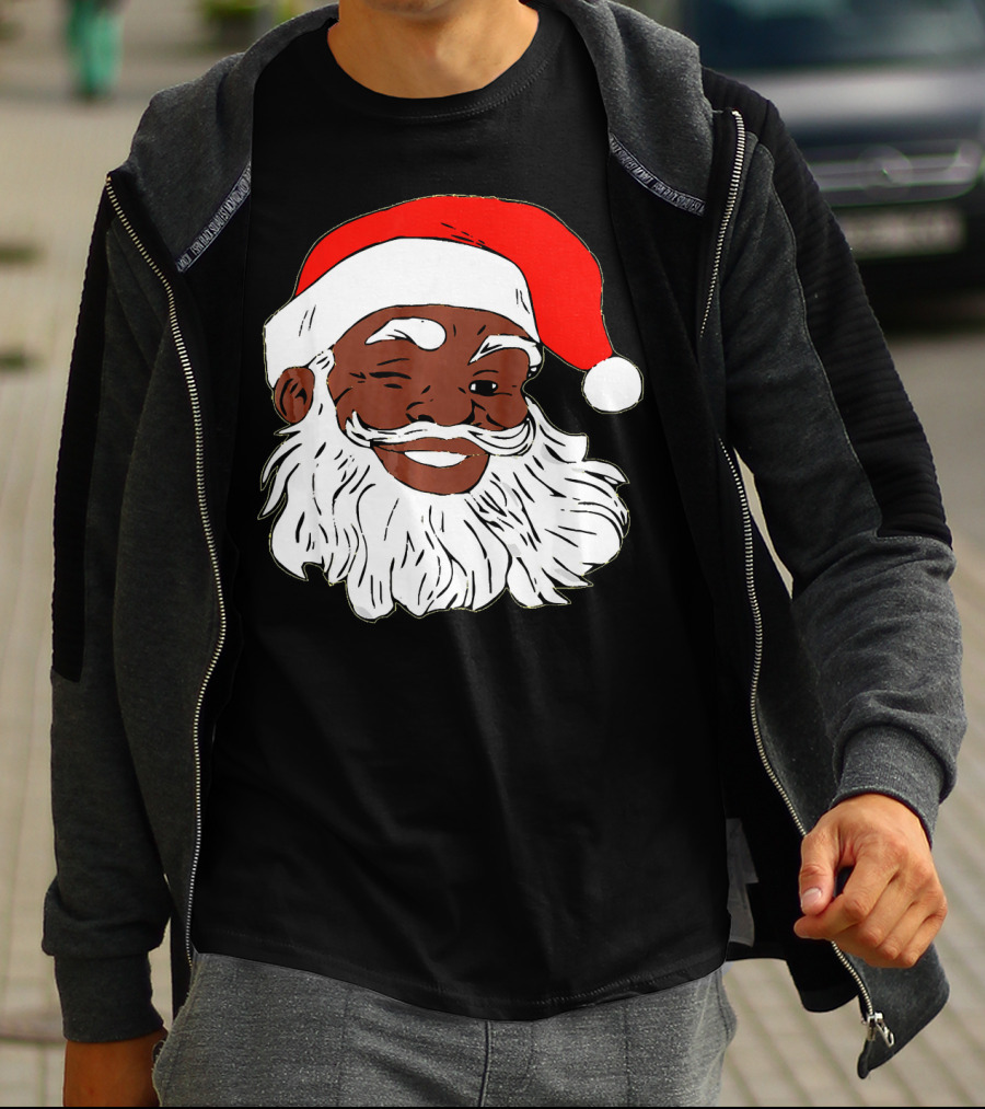 Black Santa Claus Winking In Red Hat T-Shirt