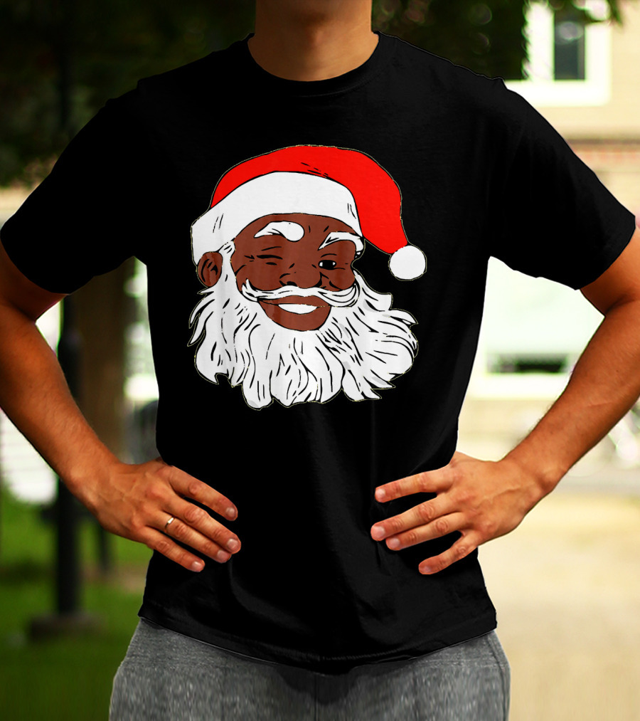 Black Santa Claus Winking In Red Hat T-Shirt