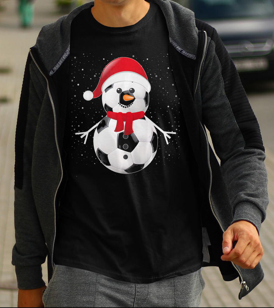 Soccer Football Snowman Santa Hat Scarf Holiday Winter Snowflakes T-Shirt