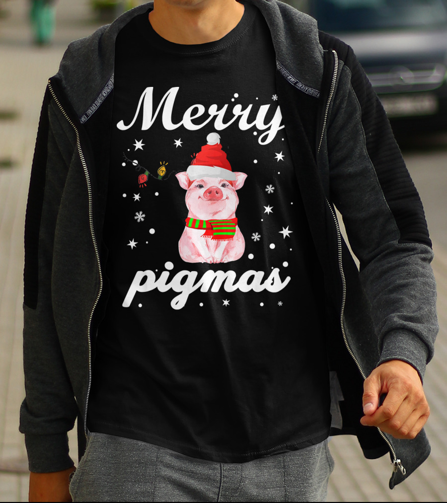 Merry Pigmas Santa Pig With Christmas Lights And Snowflakes T-Shirt