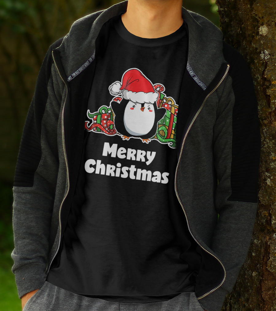 Merry Christmas Penguin Santa Hat Gift Wrapping T-Shirt