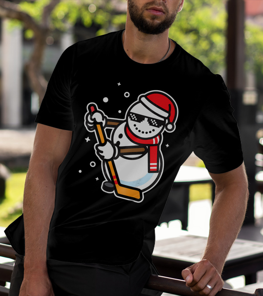 Ice Hockey Player Snowman Funny Boy Cool Nerd Santa T-Shirt