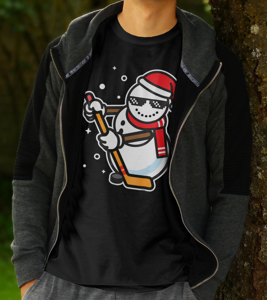 Ice Hockey Player Snowman Funny Boy Cool Nerd Santa T-Shirt