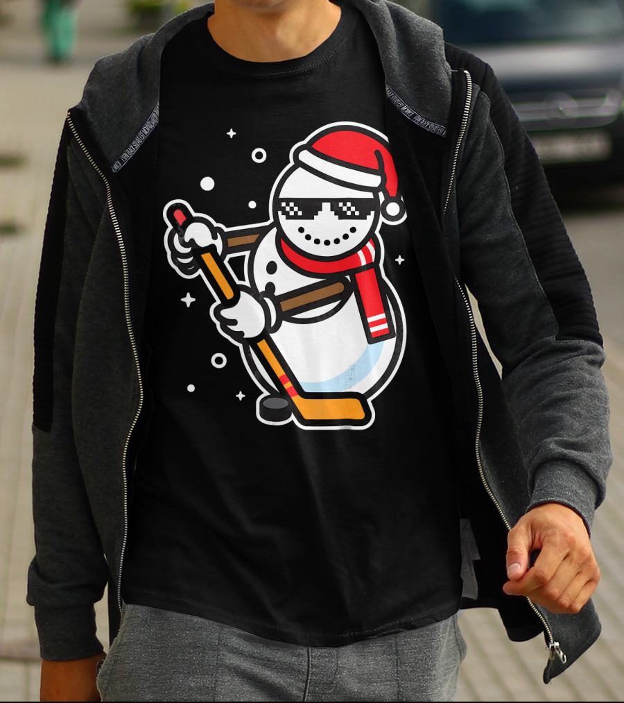 Ice Hockey Player Snowman Funny Boy Cool Nerd Santa T-Shirt