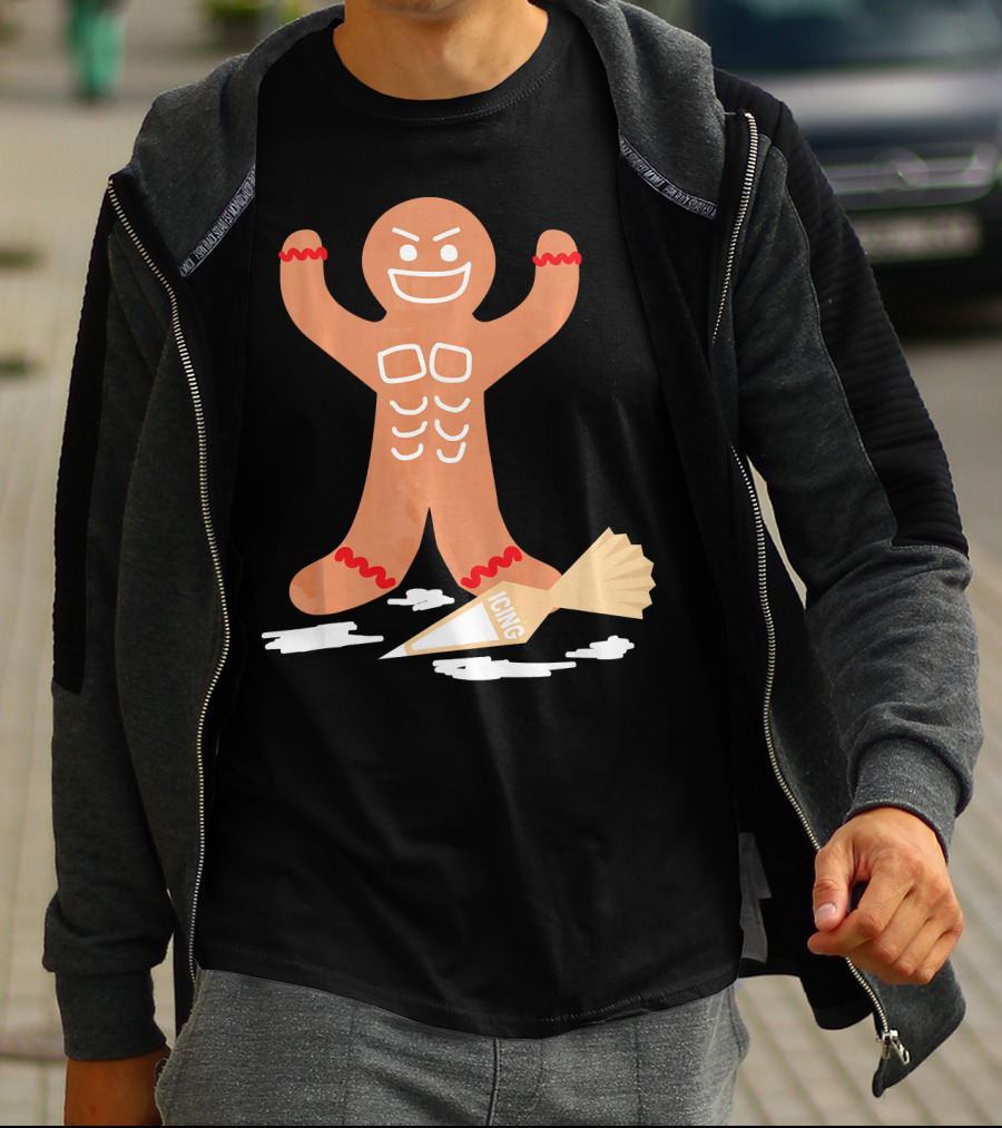 Christmas Gingerbread Muscle Man With Icing Power T-Shirt