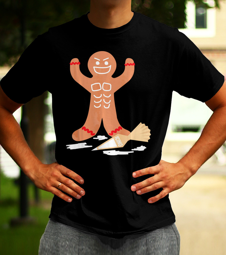 Christmas Gingerbread Muscle Man With Icing Power T-Shirt