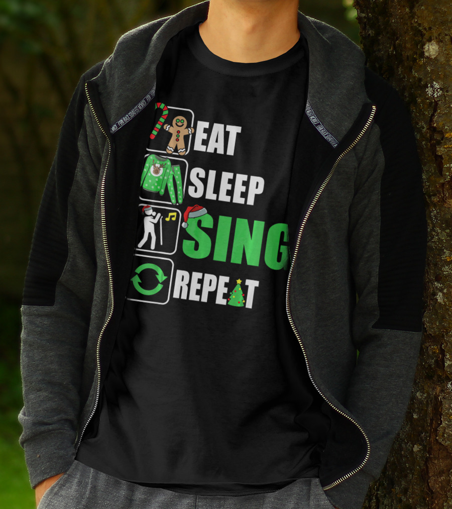 Eat Sleep Sing Repeat Christmas Sweater Singer Candy Cane Gingerbread Music Tree T-Shirt
