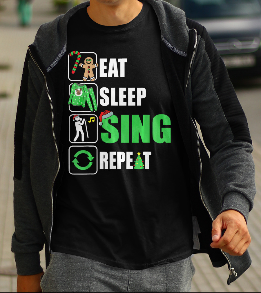 Eat Sleep Sing Repeat Christmas Sweater Singer Candy Cane Gingerbread Music Tree T-Shirt