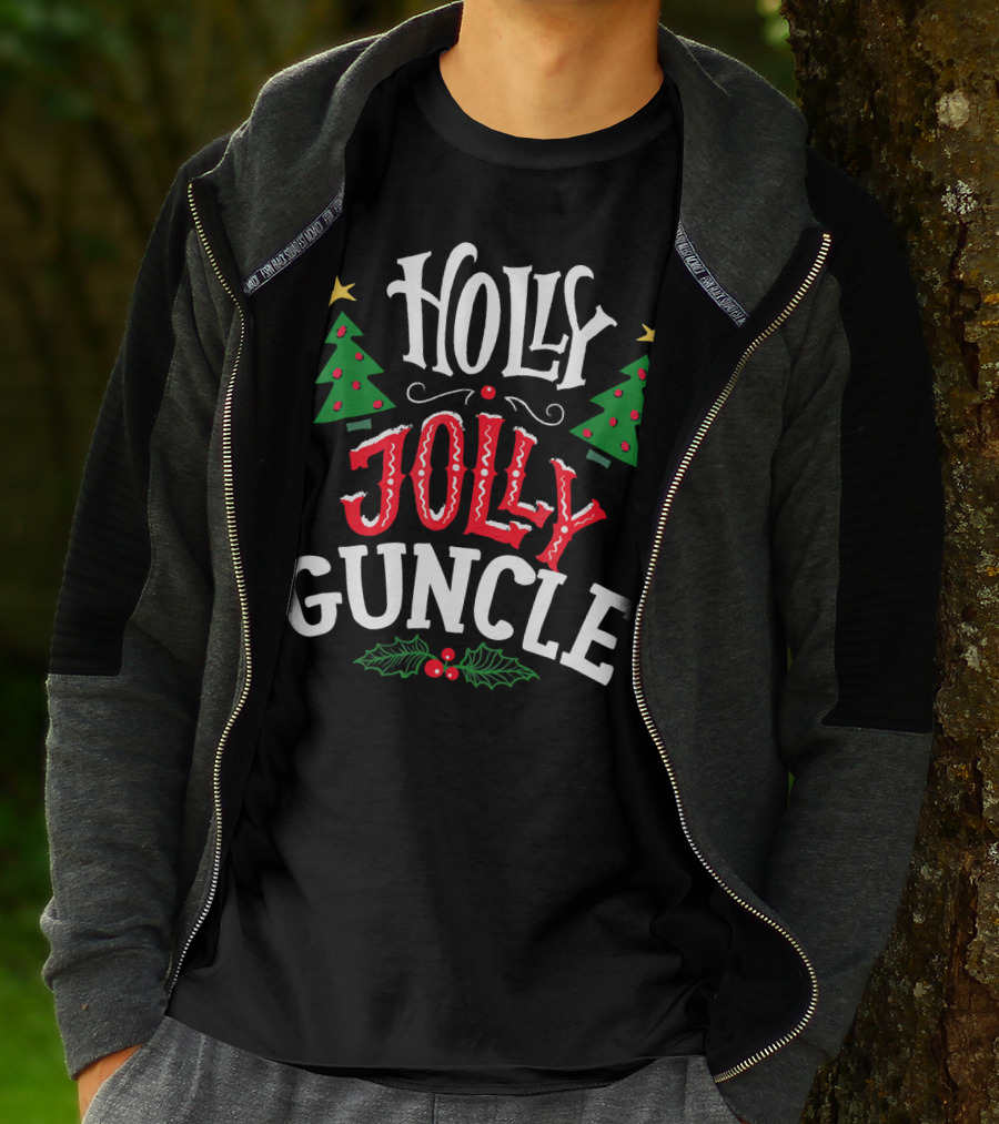HOLLY JOLLY GUNCLE CHRISTMAS TREES STARS HOLLY BERRIES T-Shirt