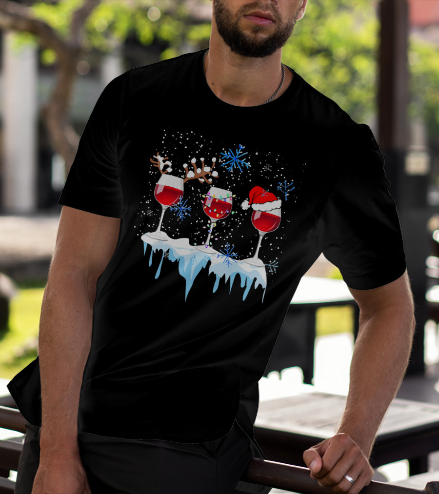 Christmas Reindeer Wine Glasses Santa Hat Snowflakes Holiday T-Shirt