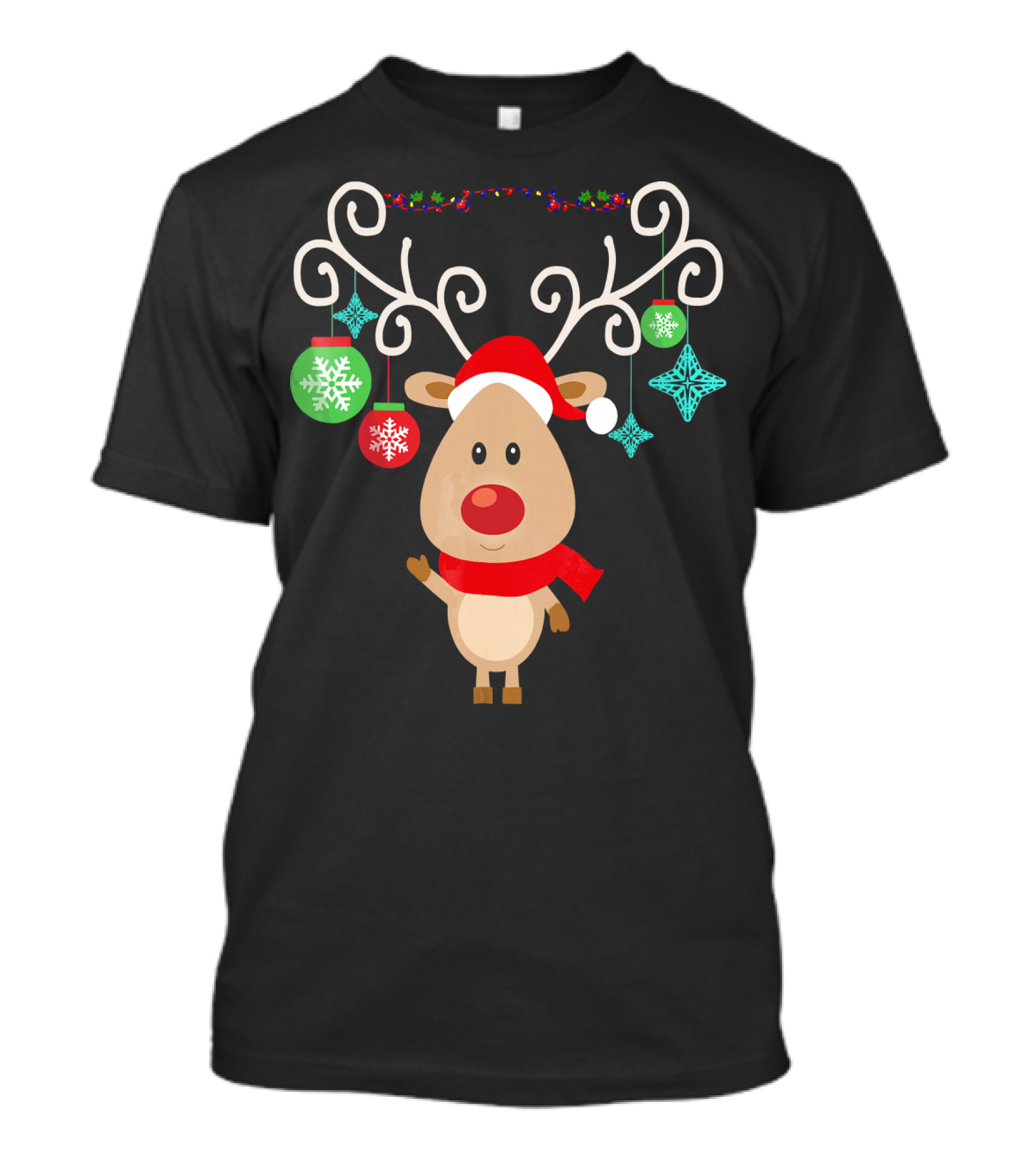 Santa Hat Rudolph Reindeer With Christmas Ornaments Red Nose T-Shirt