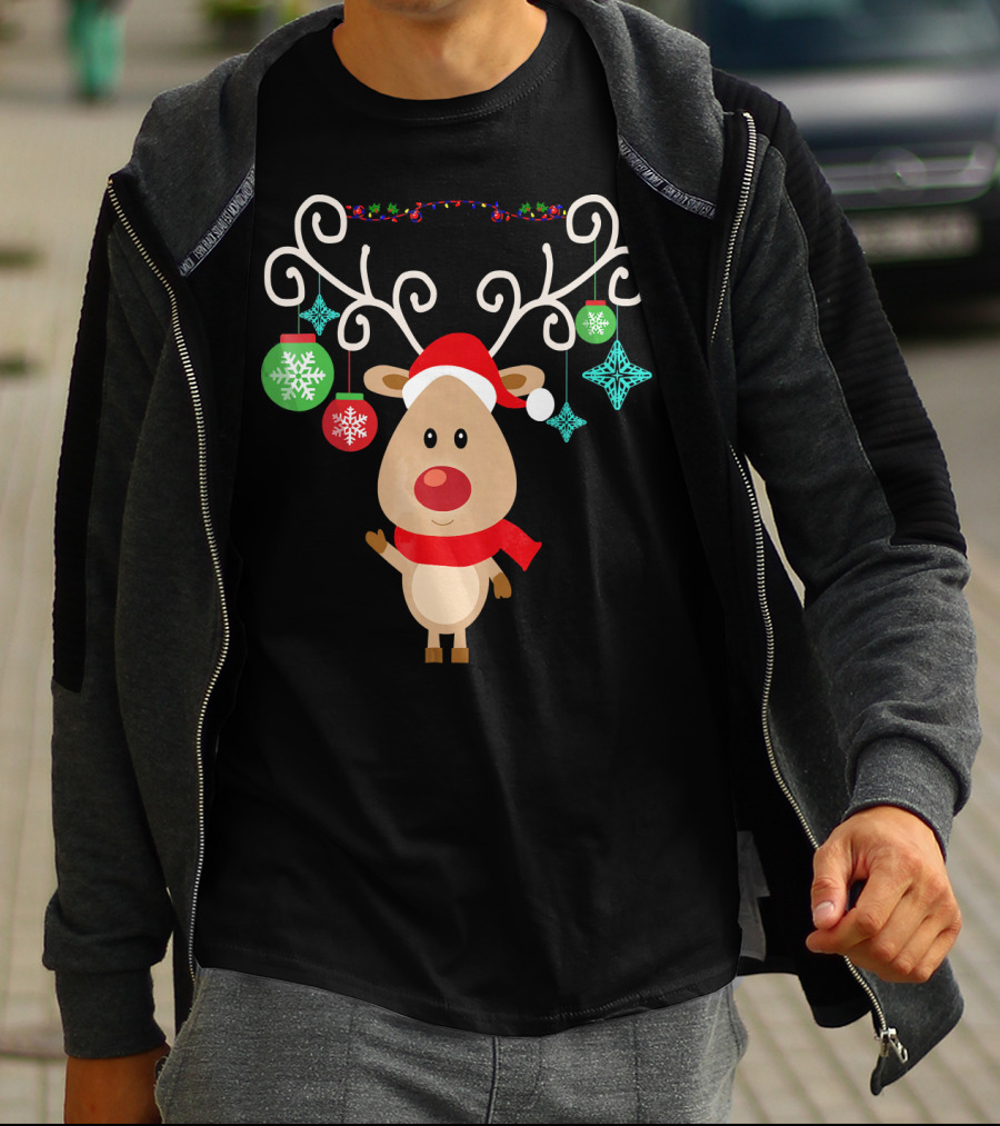 Santa Hat Rudolph Reindeer With Christmas Ornaments Red Nose T-Shirt